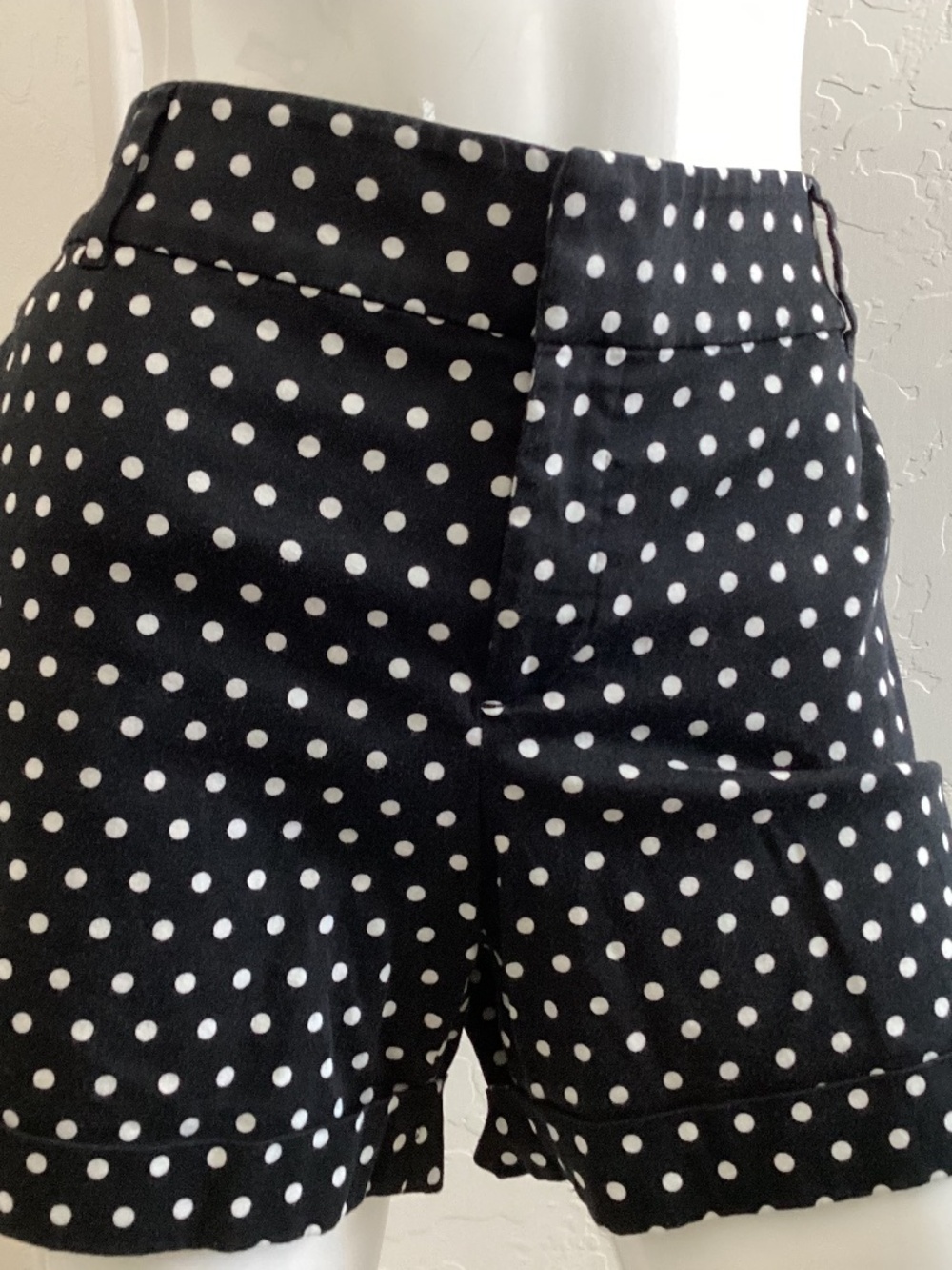INC, size 12, black w/white polka dots, bermuda, cuffed hem shorts